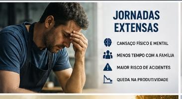 Trabalhador exausto ilustrando os efeitos das jornadas extensas, como cansaço físico e mental.