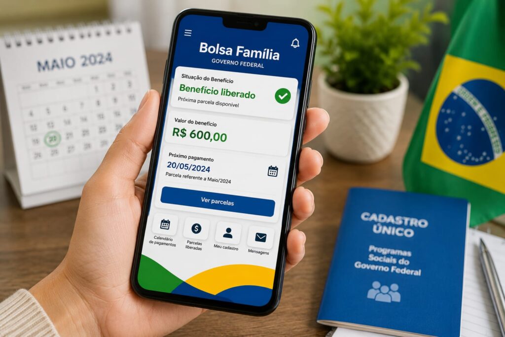 Beneficiário consulta pagamento do Bolsa Família pelo aplicativo no celular com valor de R$ 600 liberado
