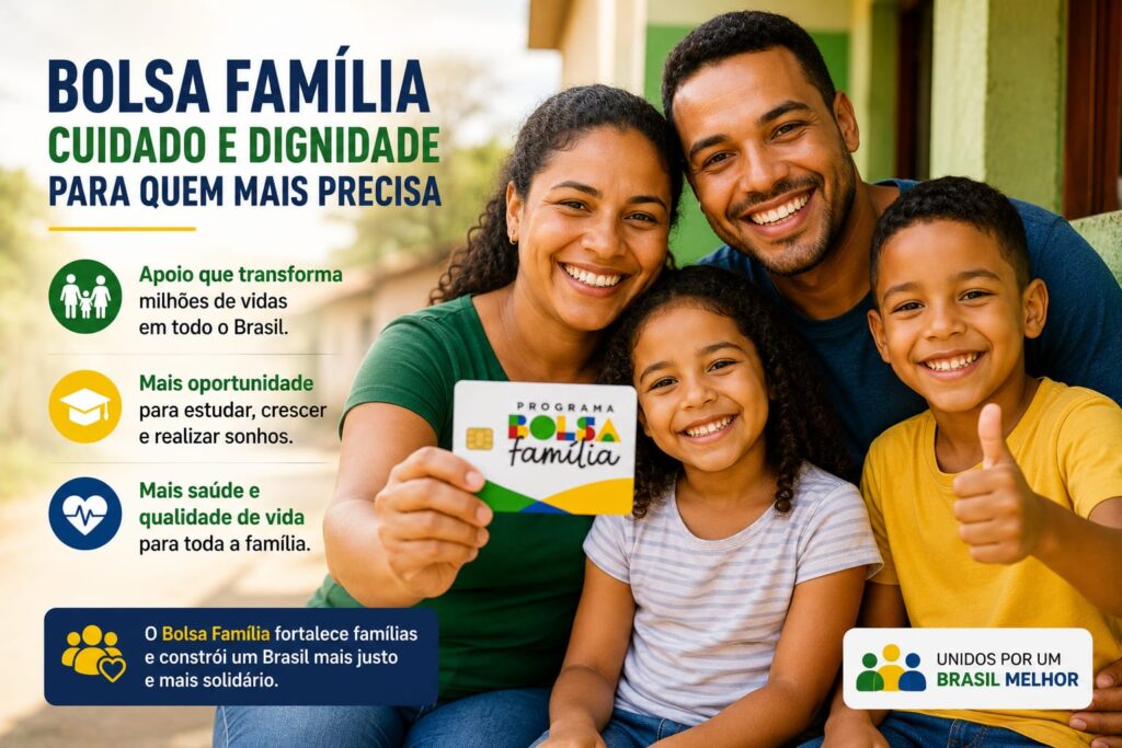 Família brasileira sorrindo com cartão do Bolsa Família destacando apoio financeiro, educação, saúde e qualidade de vida.